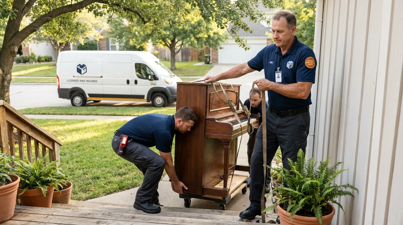 Licensed piano movers securing grand piano in Vashon, WA